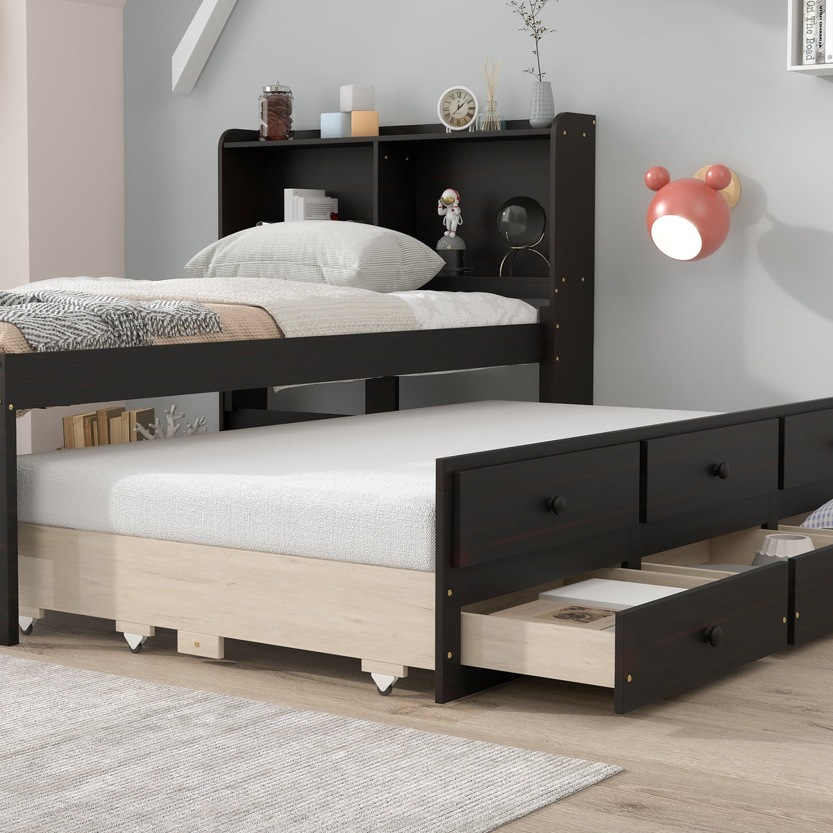 Espresso Twin Bed with Bookcase and Trundle T181333