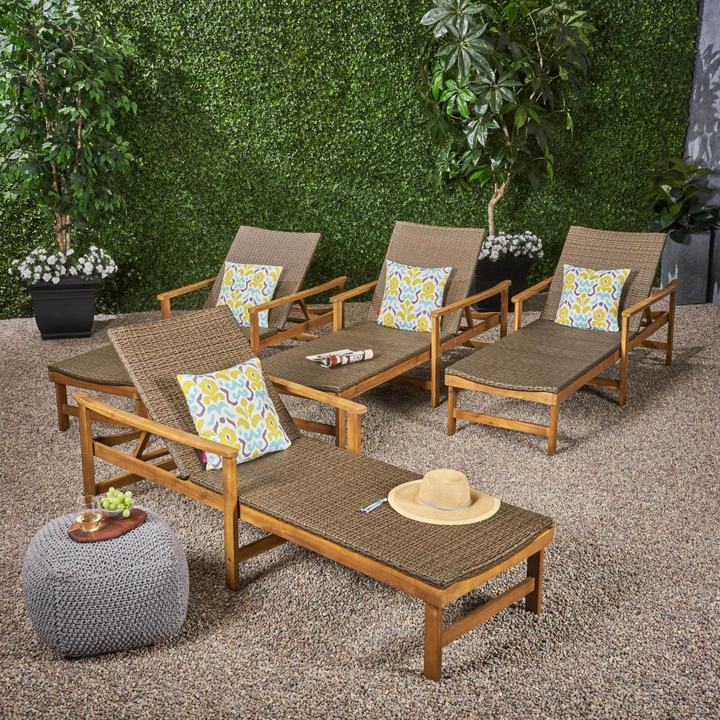 Rustic Acacia Wood Chaise Lounge with Wicker Seating Set of 4 M573
