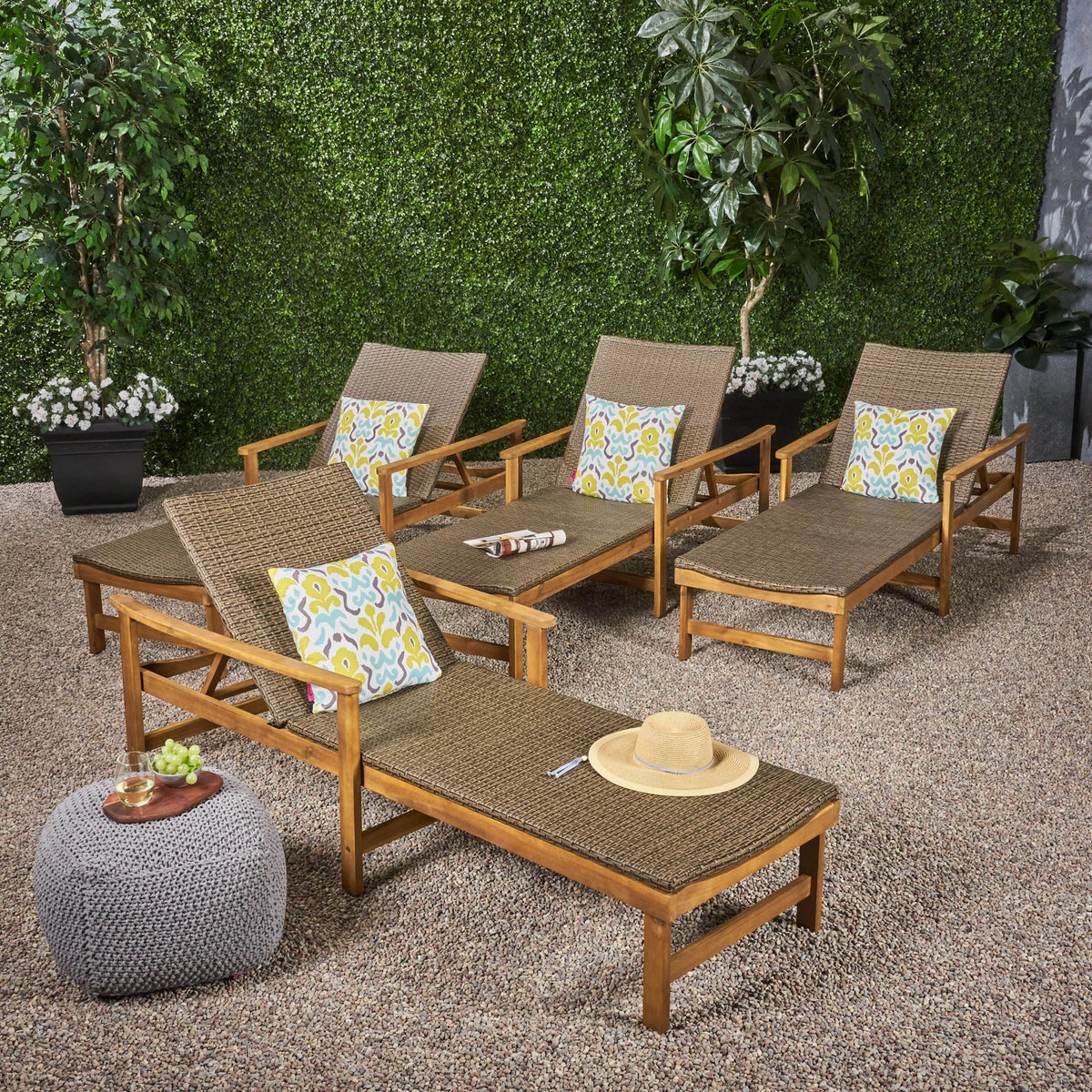 Rustic Acacia Wood Chaise Lounge with Wicker Seating Set of 4 M573
