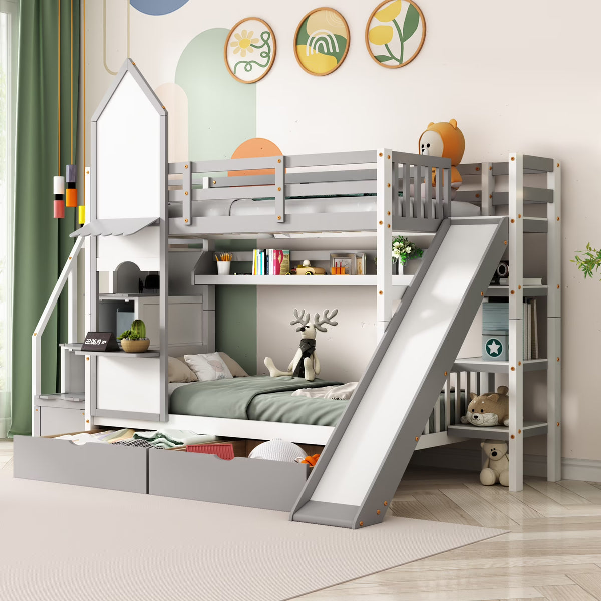 Twin Over Twin Bunk Bed with 2 Drawers and Slide, Gray T12265