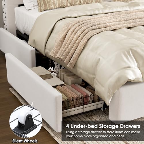 Beige Velvet Upholstered King Size Bed Frame with 4 Under-bed Storage Drawers B155733