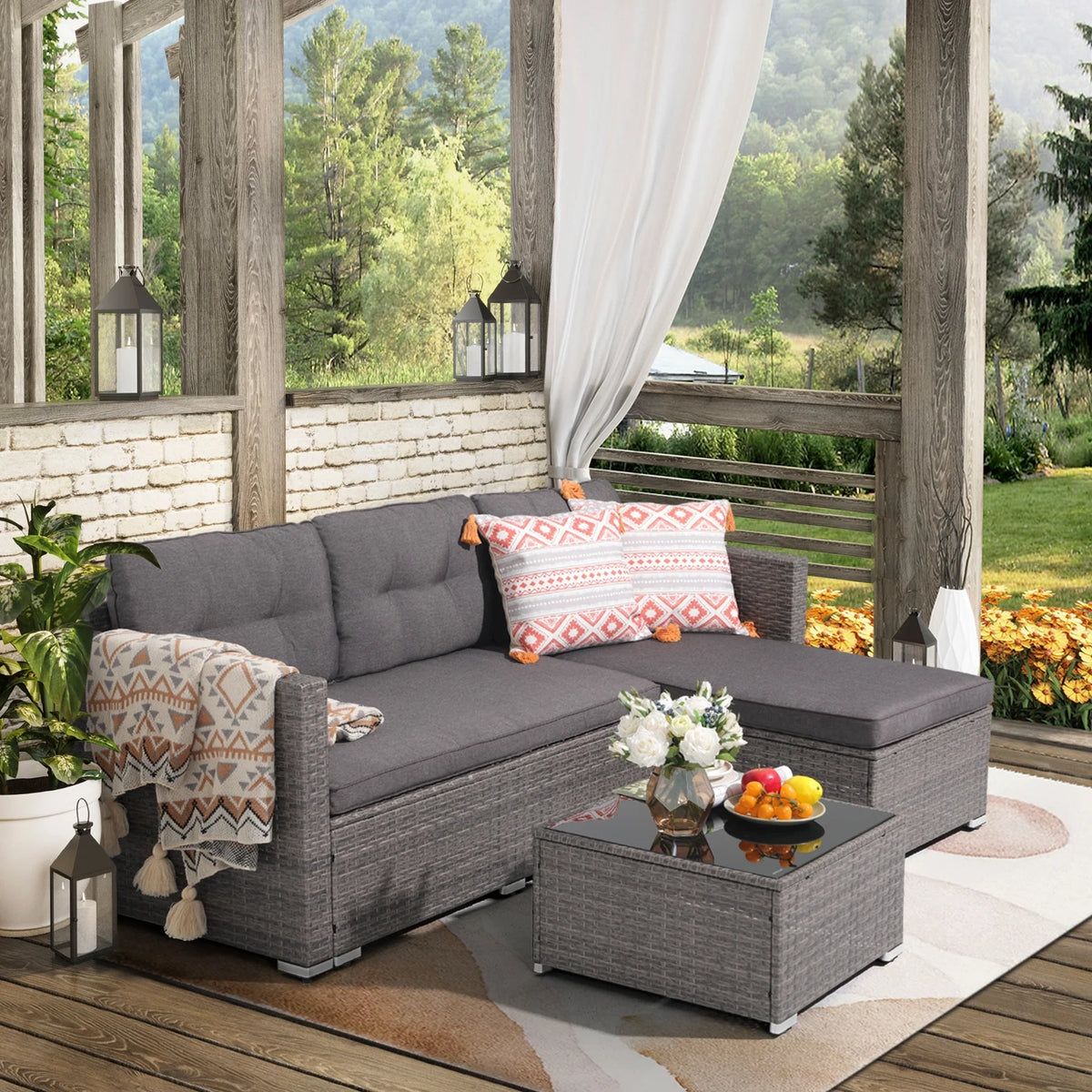 3 Pieces PE Wicker Rattan Patio Conversation Set with Cushions and Tempered Glass Coffee Table P922069