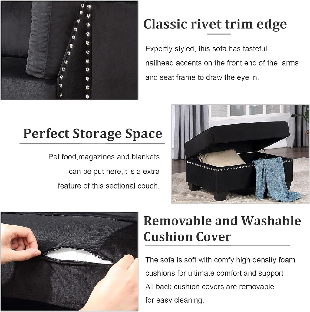 Reversible Sectional Sofa with Storage and Chaise Lounge Couch, Wooden Frame L-Shaped Corner Sofa Set with Ottoman, Black V100