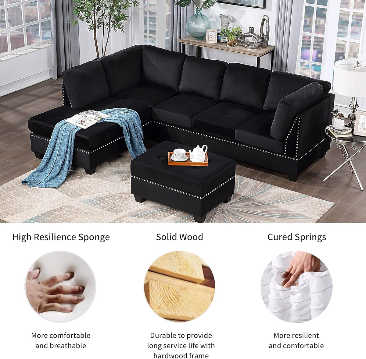 Reversible Sectional Sofa with Storage and Chaise Lounge Couch, Wooden Frame L-Shaped Corner Sofa Set with Ottoman, Black V100