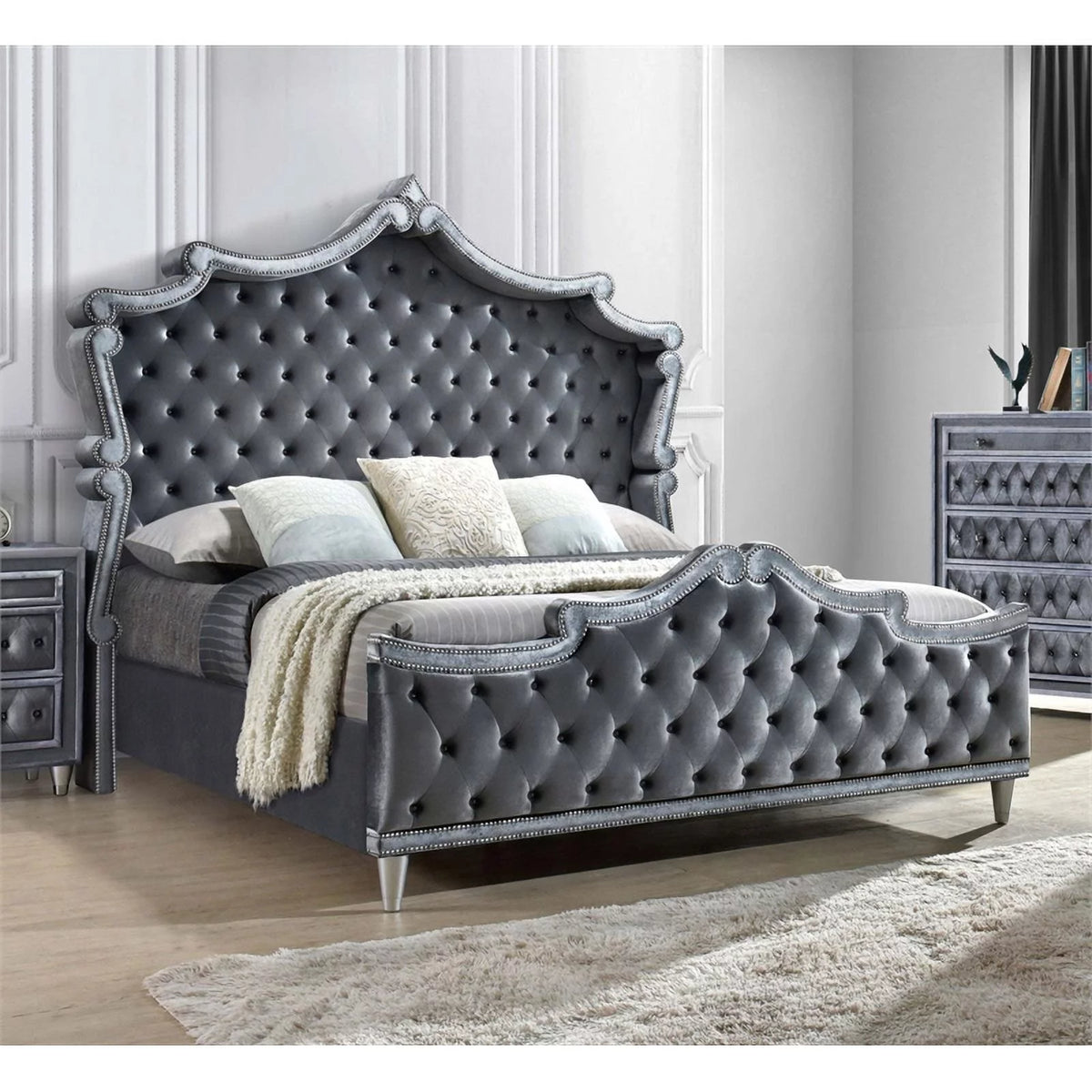 Gray Velvet Upholstered Eastern King Bed F743541
