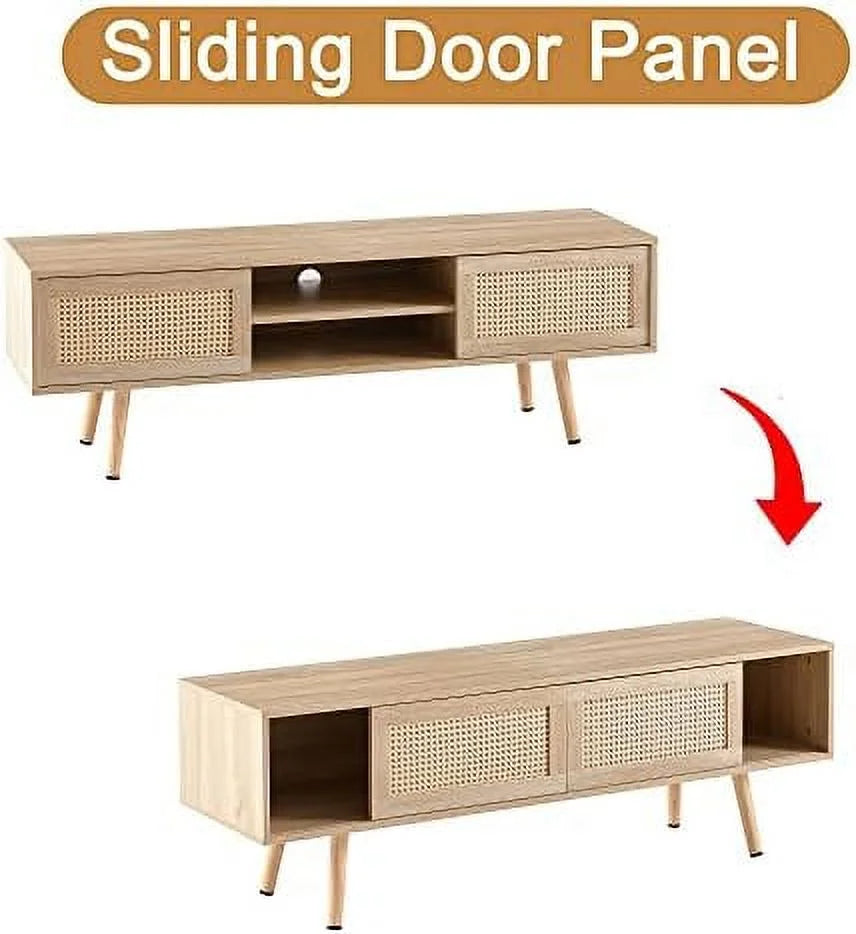 Mid Century 55.12 Inch Wooden TV Stand with Sliding PE Rattan Door H77127