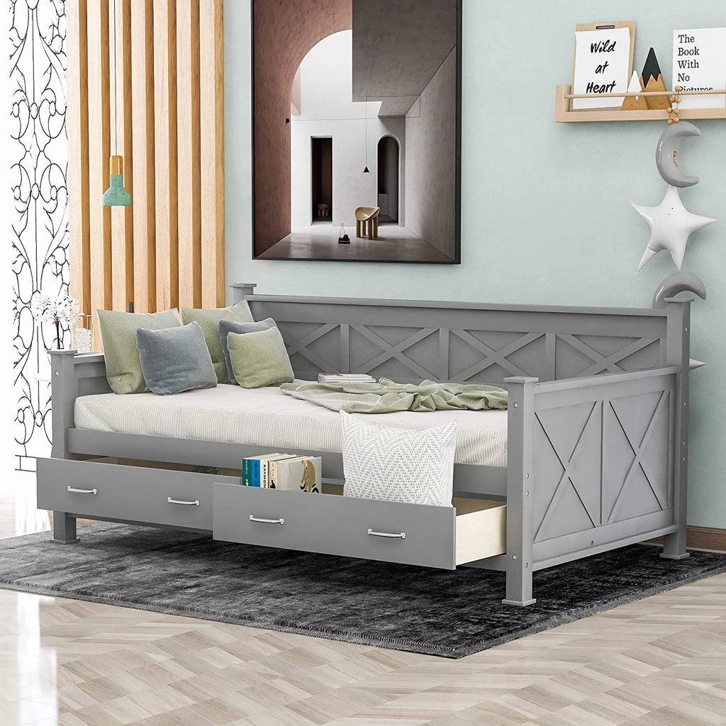 Grey Wood Daybed with Two Storage Drawers S83218