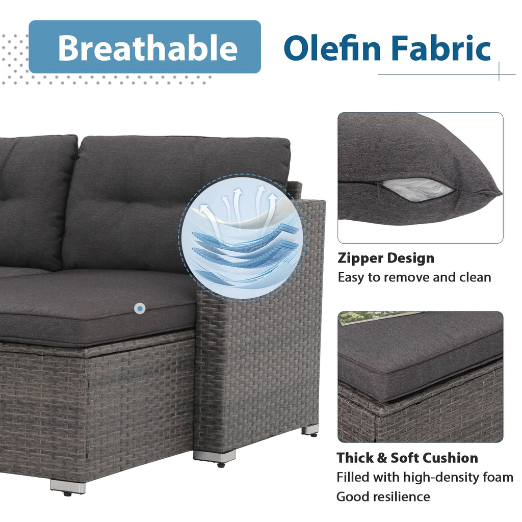 3 Pieces PE Wicker Rattan Patio Conversation Set with Cushions and Tempered Glass Coffee Table P922069