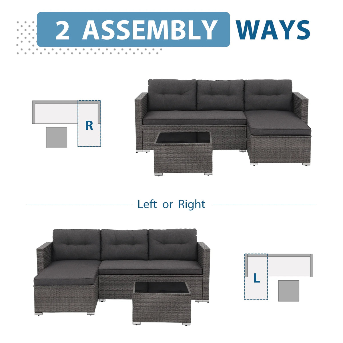 3 Pieces PE Wicker Rattan Patio Conversation Set with Cushions and Tempered Glass Coffee Table P922069