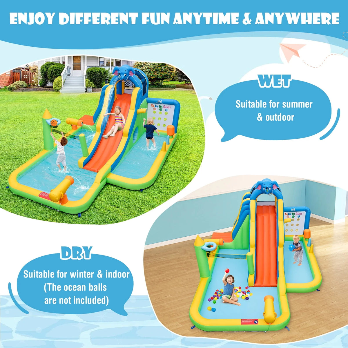Inflatable Water Slide 9-in-1 Water Park with Splash Pool Q35738