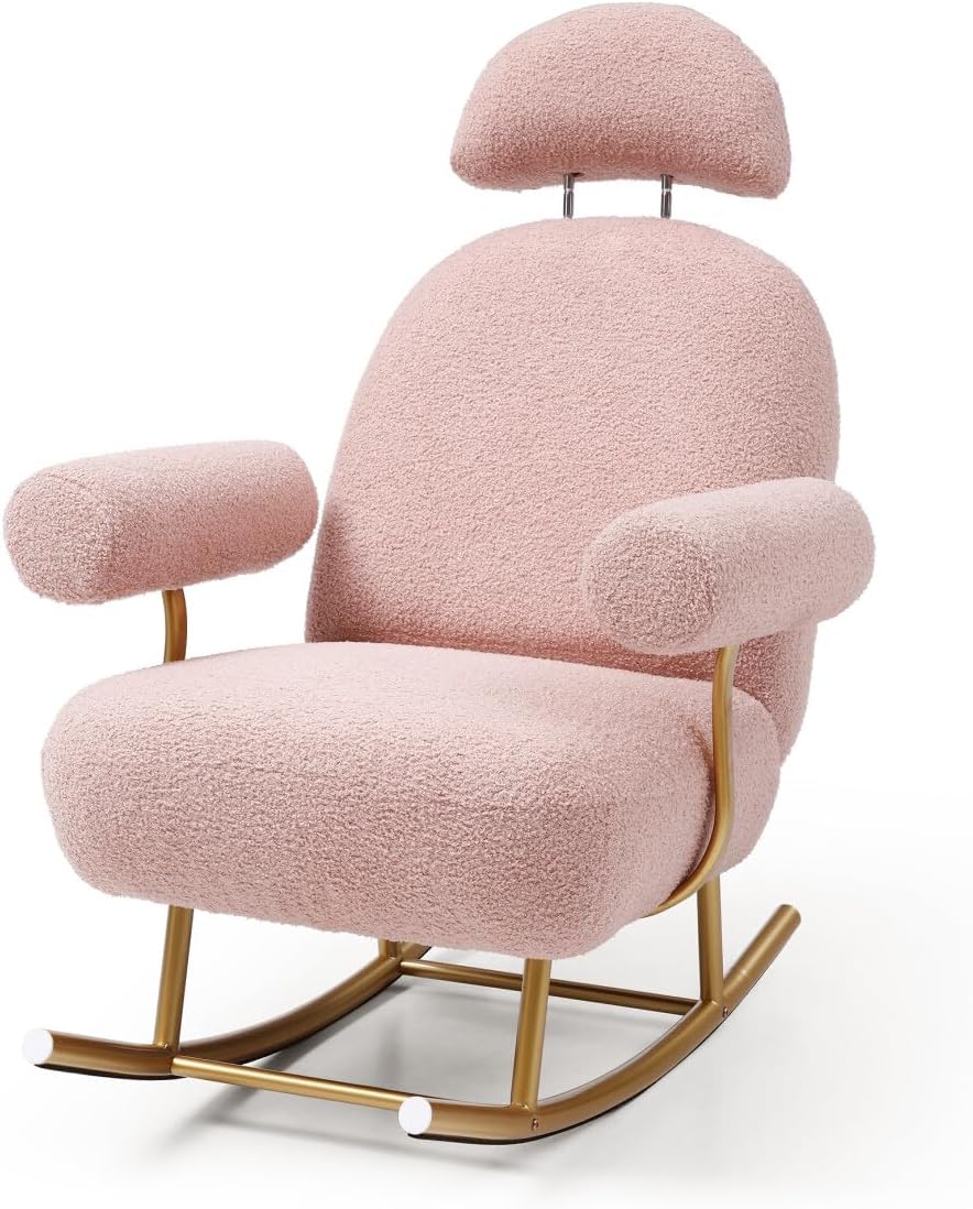 Beige Sherpa Fabric Rocking Chair with Gold Metal Frame H8678