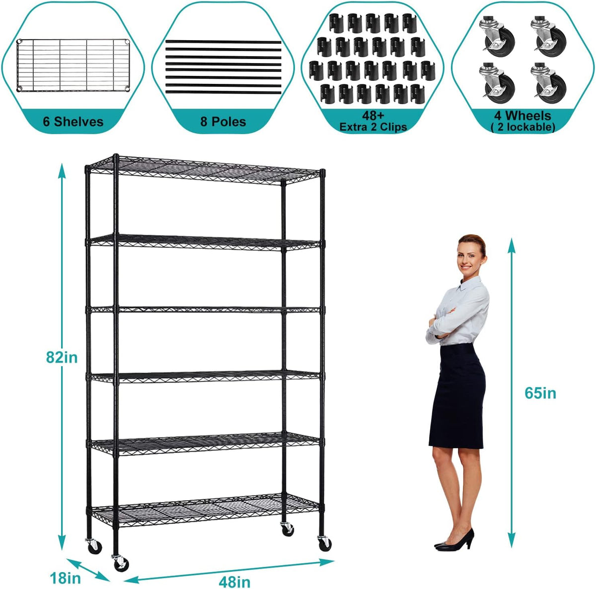 6 Tier Wire Shelving Unit, NSF Heavy Duty Height Adjustable Metal Shelving with Wheels, 18"x48"x82" Black C56091