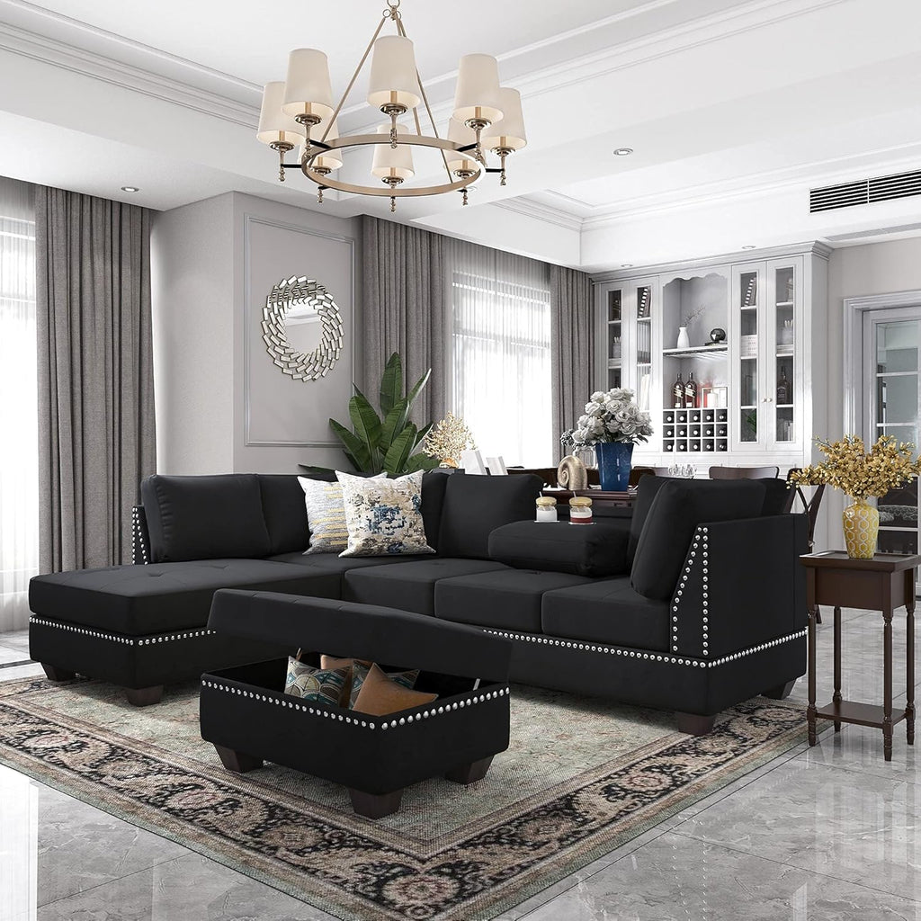 Reversible Sectional Sofa with Storage and Chaise Lounge Couch, Wooden Frame L-Shaped Corner Sofa Set with Ottoman, Black V100