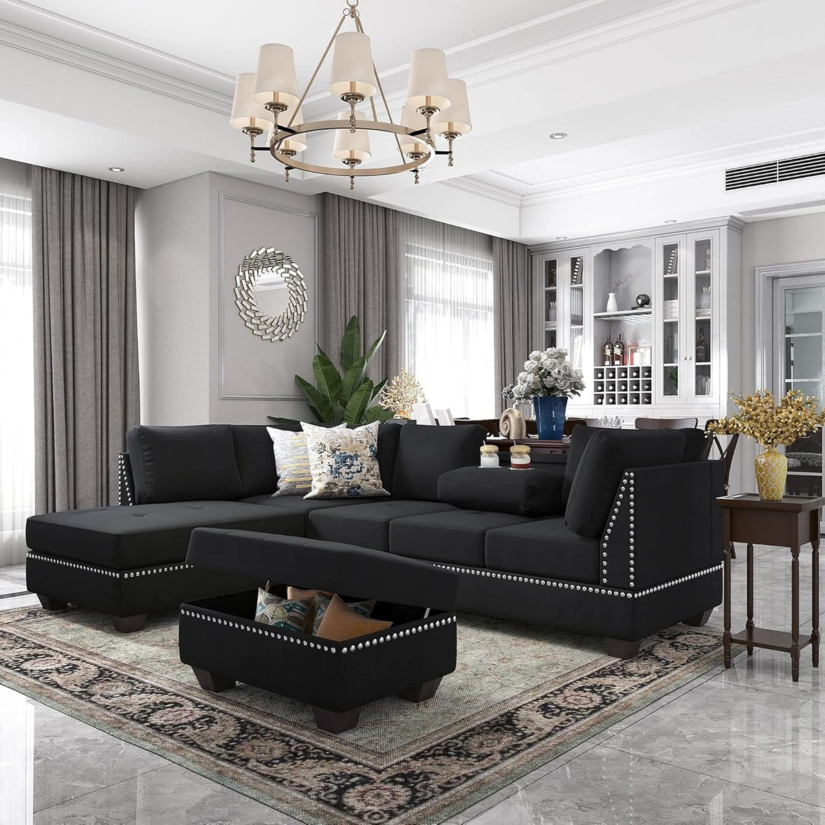 Reversible Sectional Sofa with Storage and Chaise Lounge Couch, Wooden Frame L-Shaped Corner Sofa Set with Ottoman, Black V100