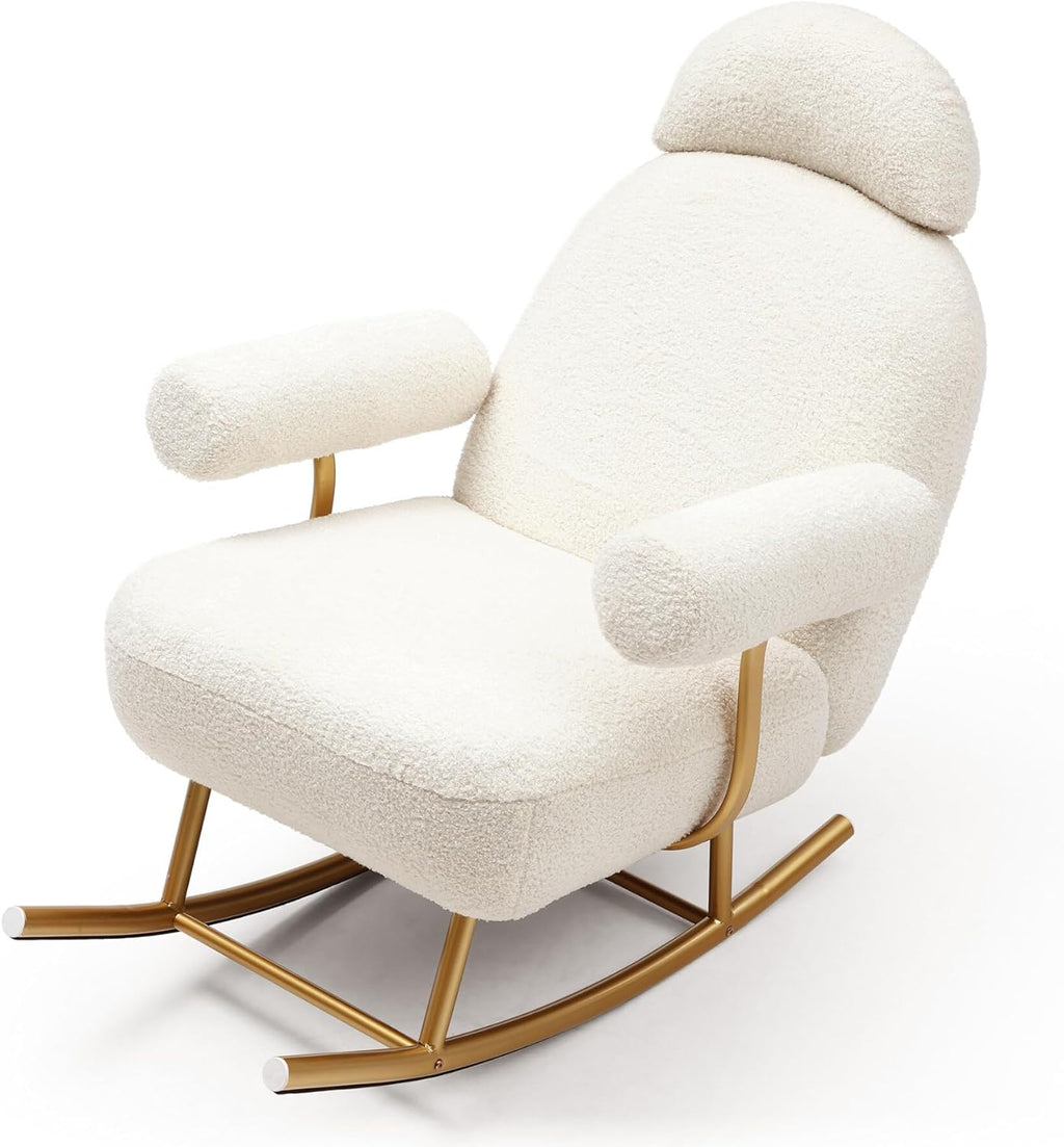 Beige Sherpa Fabric Rocking Chair with Gold Metal Frame H8678