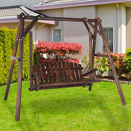 6.5' Outdoor Porch Swing Rustic Loveseat Solid Wooden Natural Log Garden Swing (Carbonized) R8192