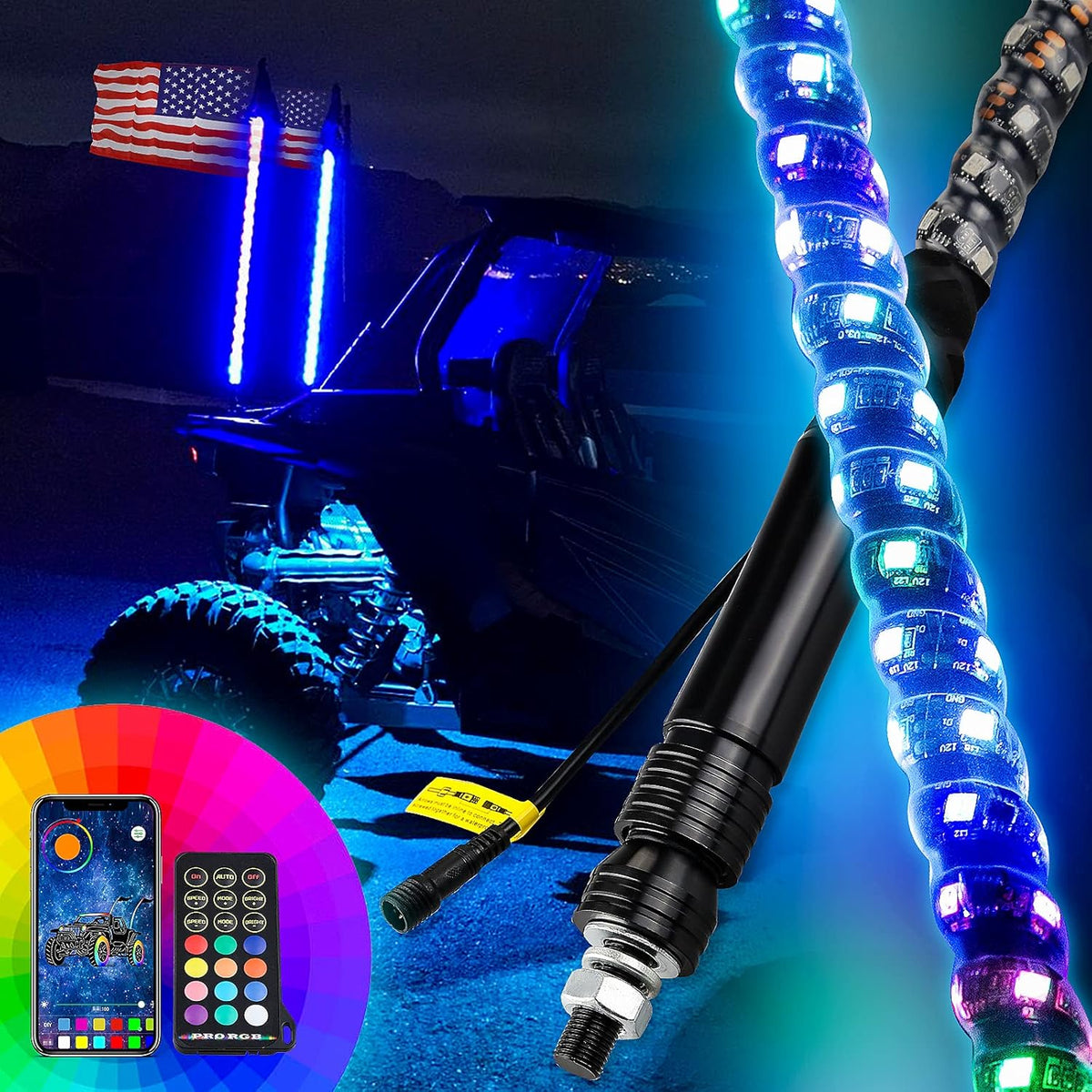 2pc 3ft LED Whip Lights RGB Spiral Whip Lights with Remote Control I8068