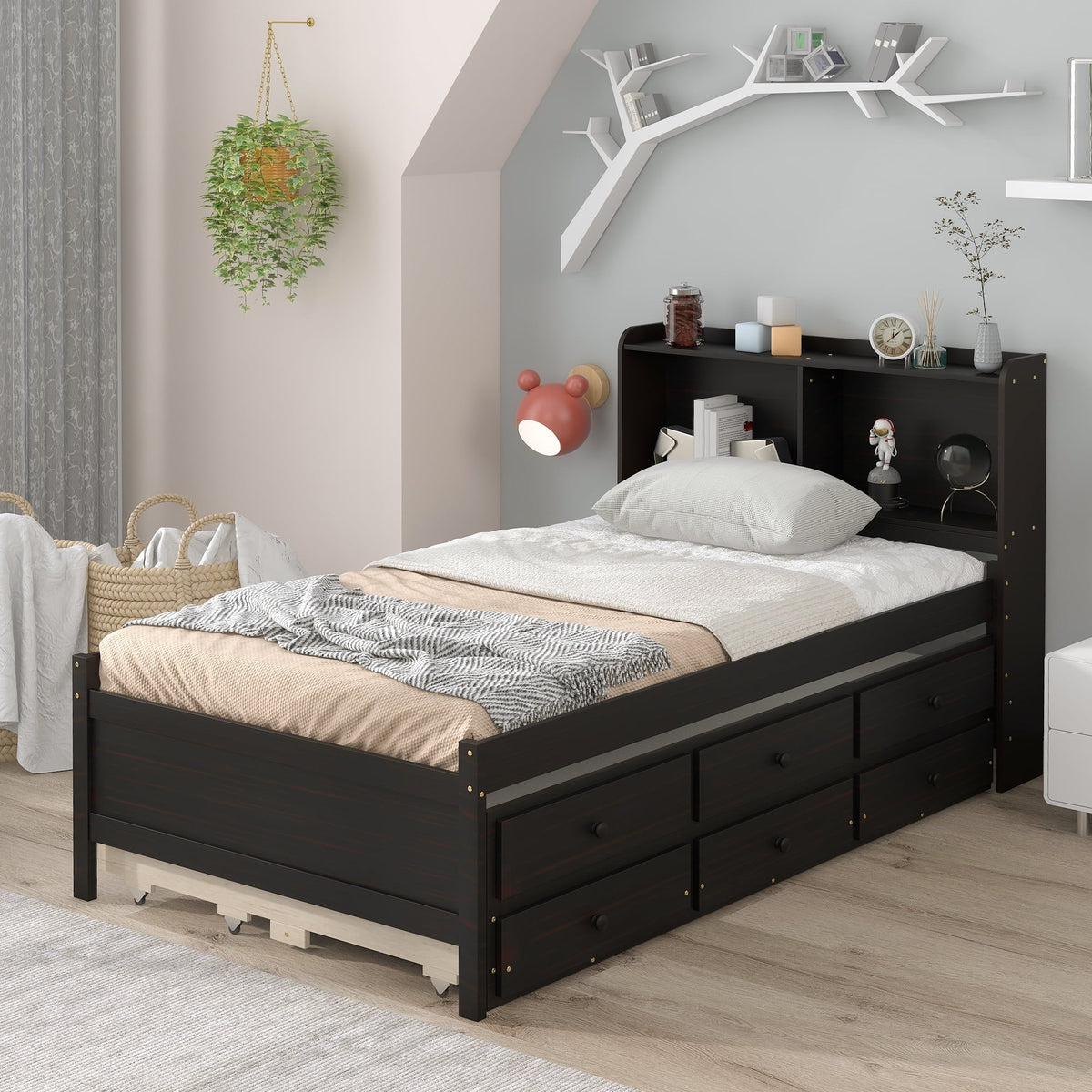 Espresso Twin Bed with Bookcase and Trundle T181333