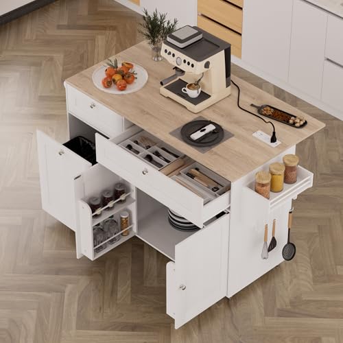 White Rolling Kitchen Island with Drop Leaf and Power Outlet I893