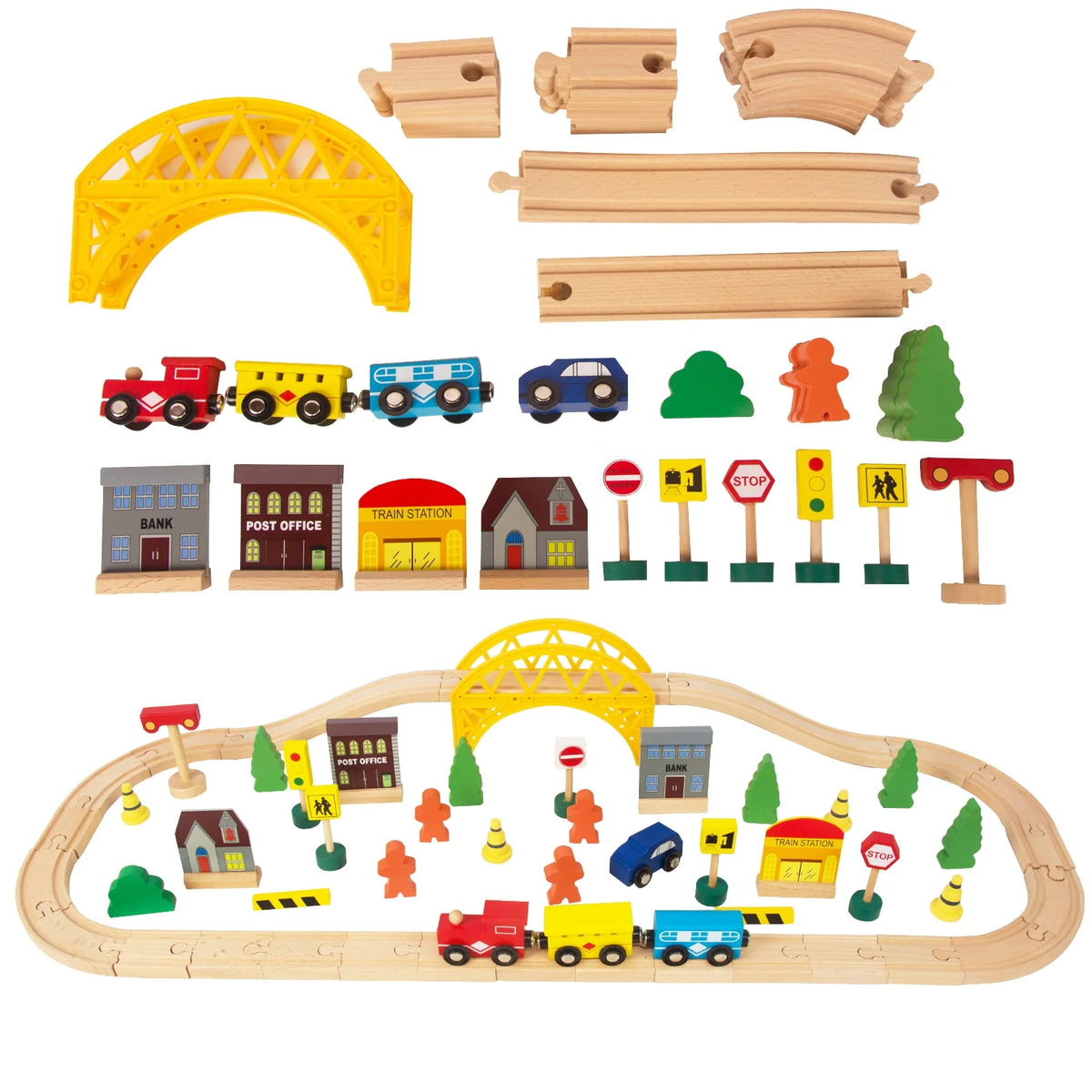 60Pcs Double-Side Wooden Train Set Q4930