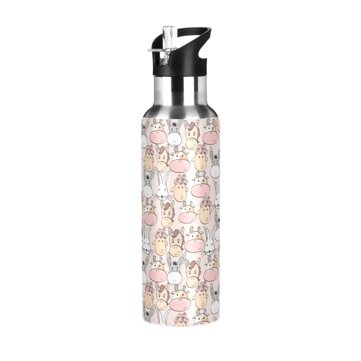 Cartoon Cow Insulated Stainless Steel Water Bottle with Straw Lid, 20 oz V798