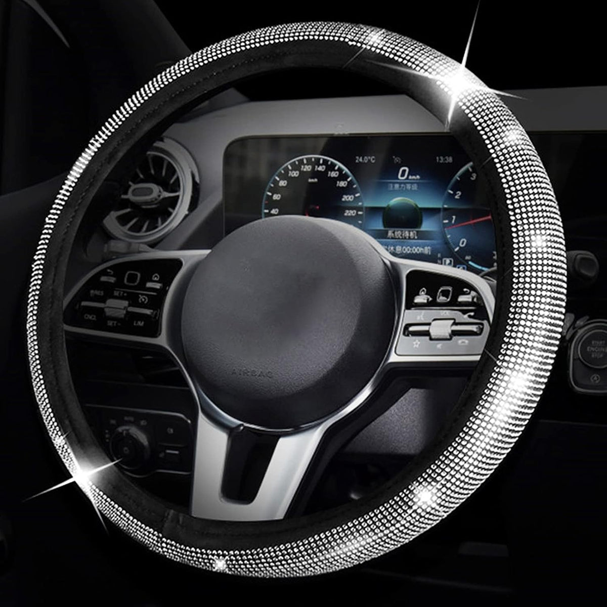 Black with White Diamond Crystal Steering Wheel Cover 15 inches C469