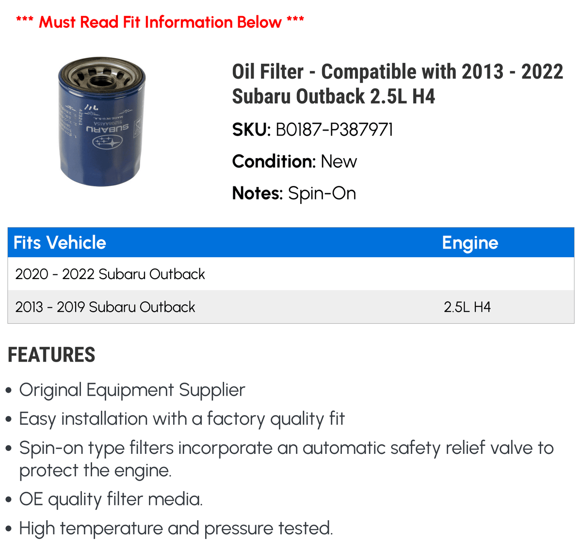 Filter for 2013-2022 Subaru Outback 2.5L H4 J285