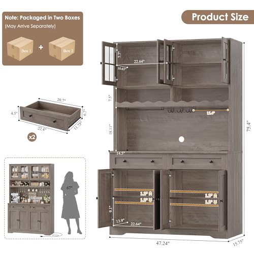 75.4" Tall White Kitchen Pantry Cabinet with Glass Doors and Drawers S9535