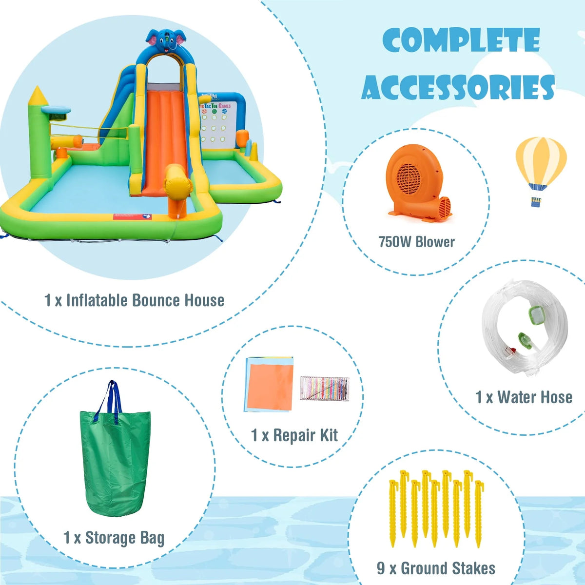 Inflatable Water Slide 9-in-1 Water Park with Splash Pool Q35738