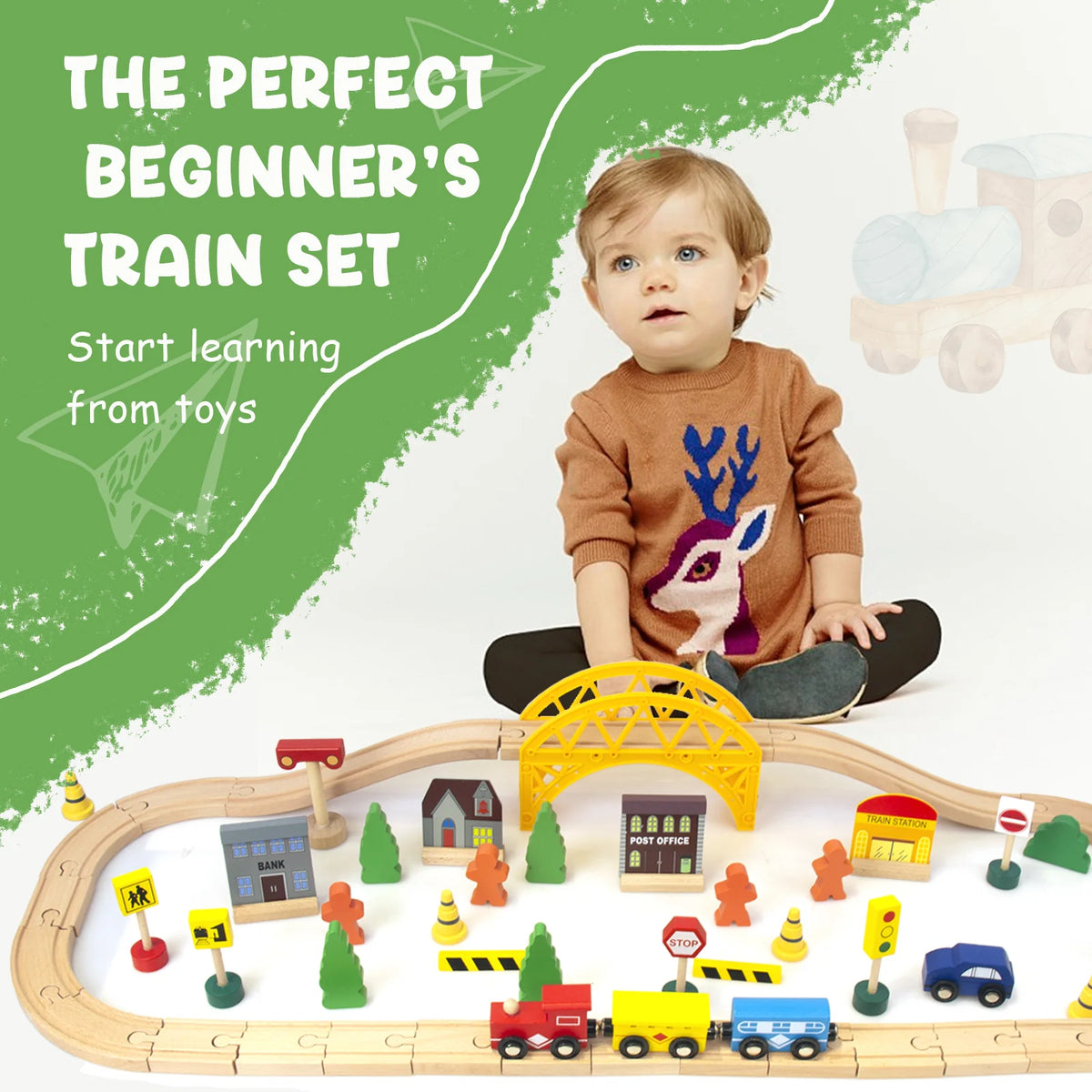 60Pcs Double-Side Wooden Train Set Q4930