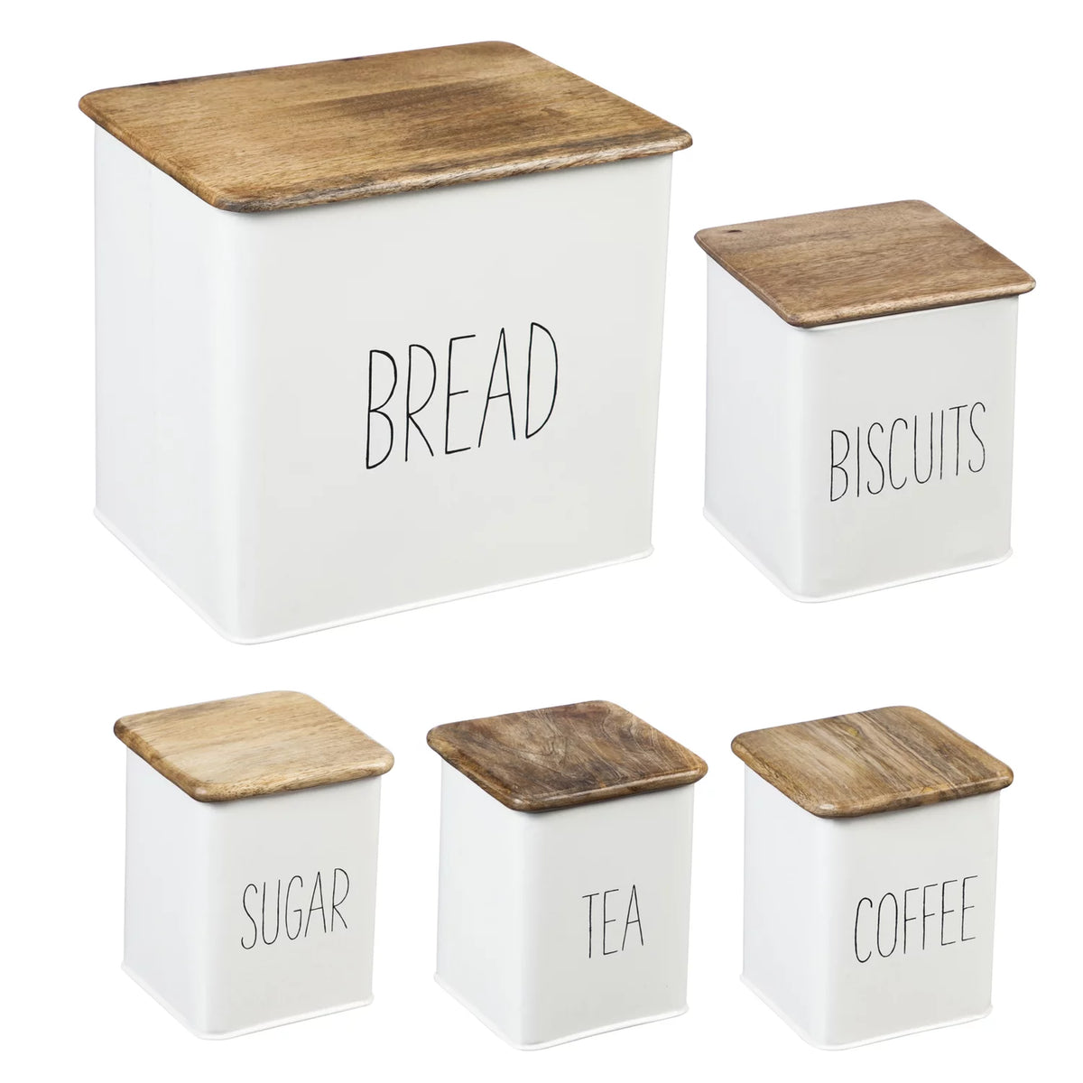 White 5 Piece Kitchen Canisters with Wooden Top Set C2721