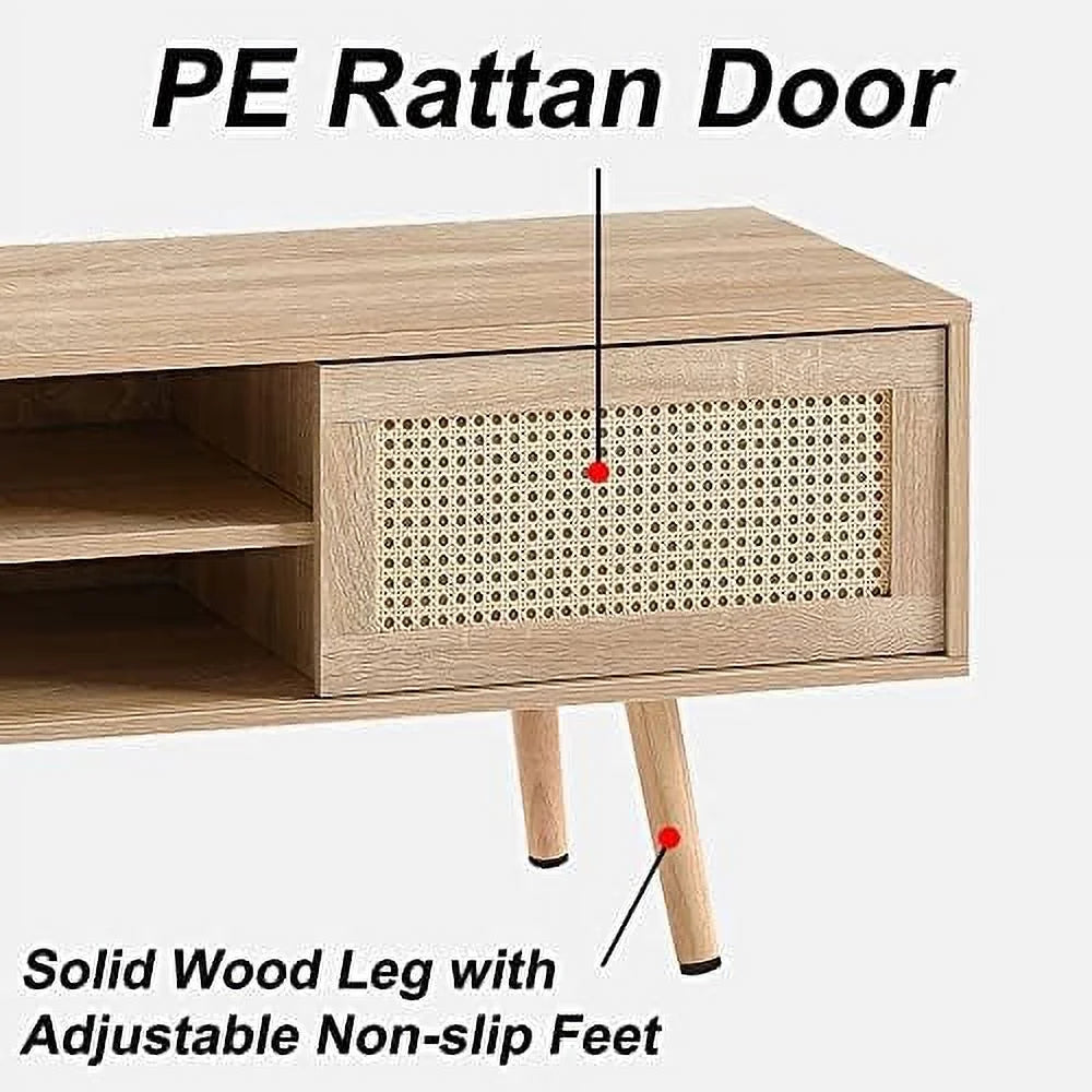 Mid Century 55.12 Inch Wooden TV Stand with Sliding PE Rattan Door H77127