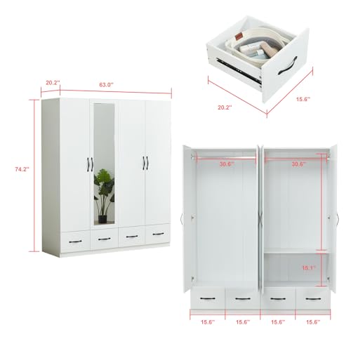 White 2 Door Wooden Wardrobe Closet with Storage Drawers O5913
