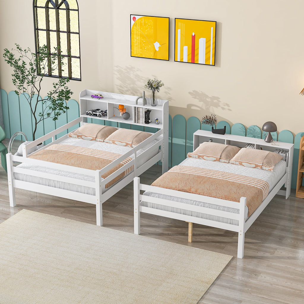 Full Over Full Bunk Beds with Bookcase Headboard Solid Wood Bed Frame with Safety Rail and Ladder White Z6846