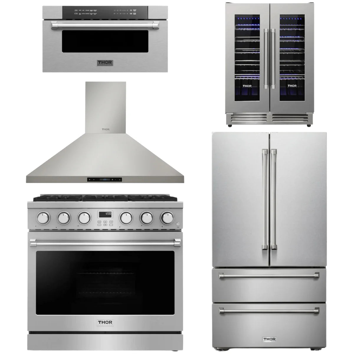 36 Gas Range, Range Hood, Refrigerator, Microwave and Wine Cooler O113