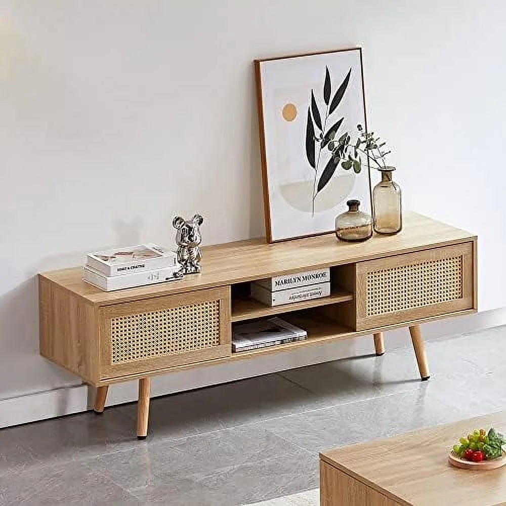 Mid Century 55.12 Inch Wooden TV Stand with Sliding PE Rattan Door H77127