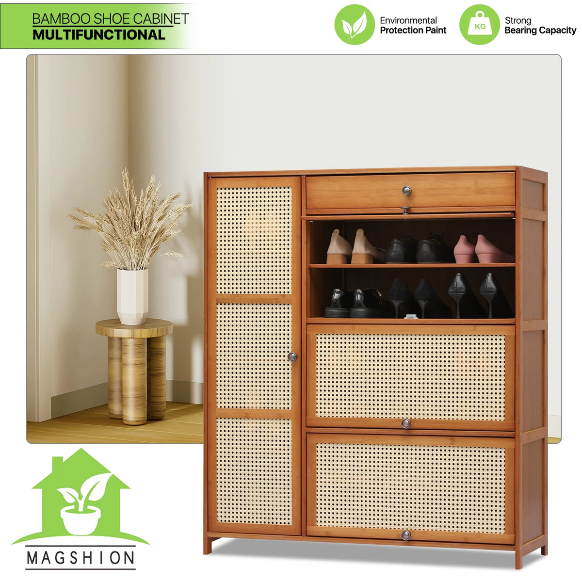 Bamboo 28 Pairs 6 Shelves Shoe Storage Cabinet with 4 Rattan Doors U355299