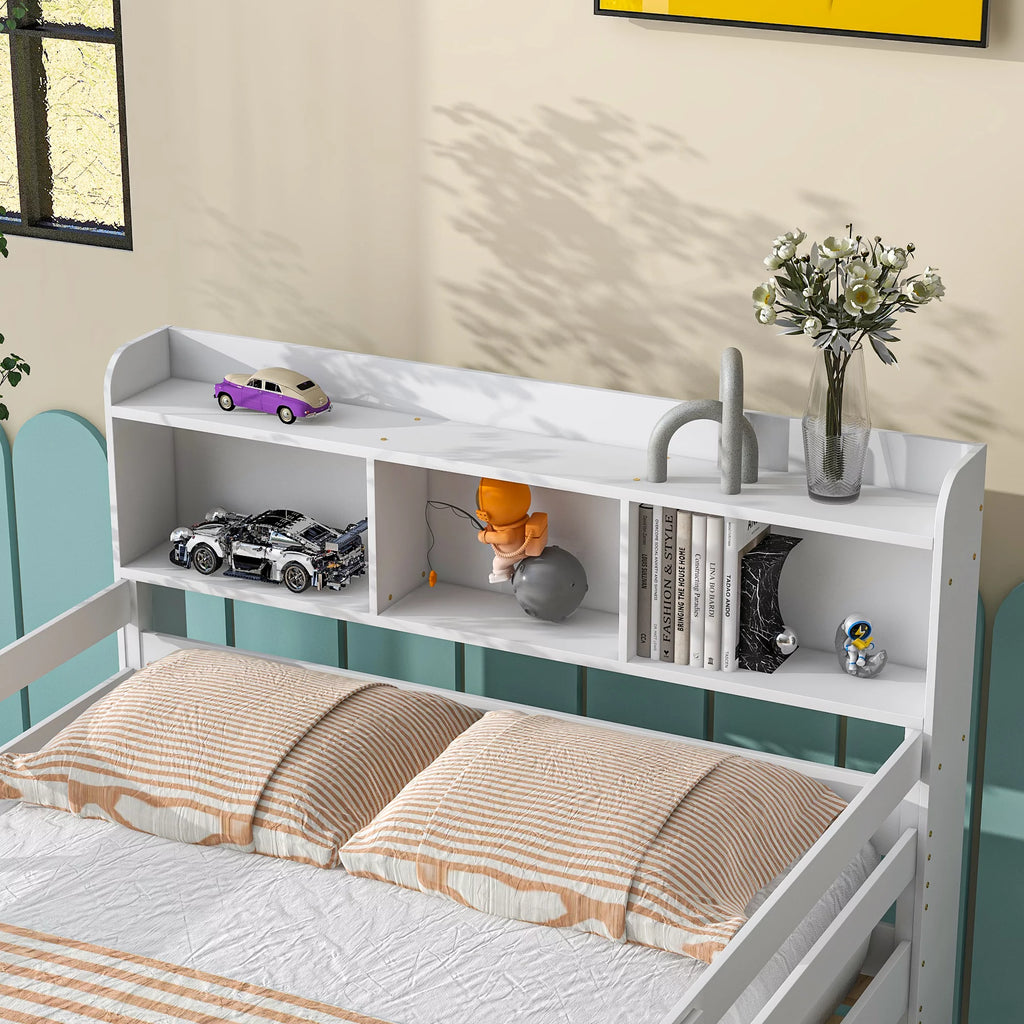 Full Over Full Bunk Beds with Bookcase Headboard Solid Wood Bed Frame with Safety Rail and Ladder White Z6846
