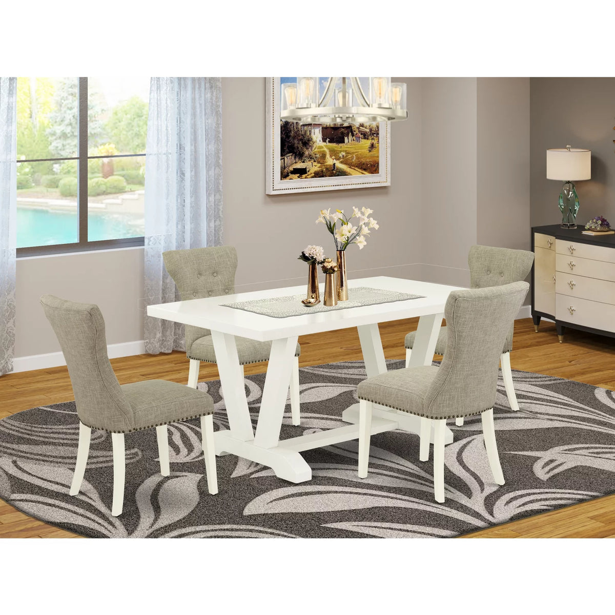 5 Pc Rectangular Dining Table and 4 Parson Chairs Linen White I922389