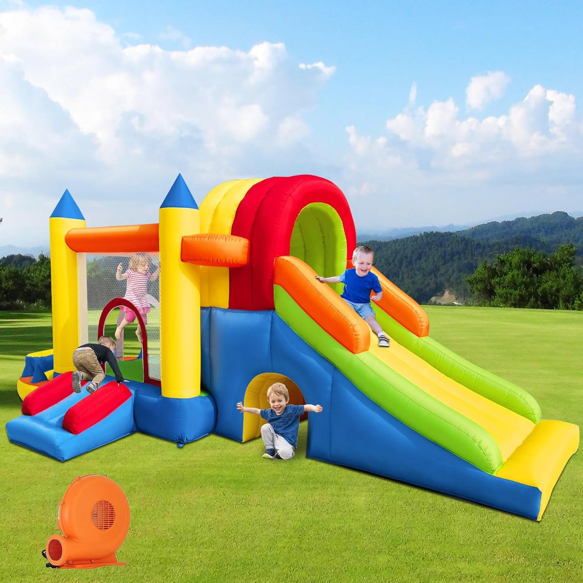 8 in 1 Large Inflatable Bounce Castle with Blower and Two Slides O85238