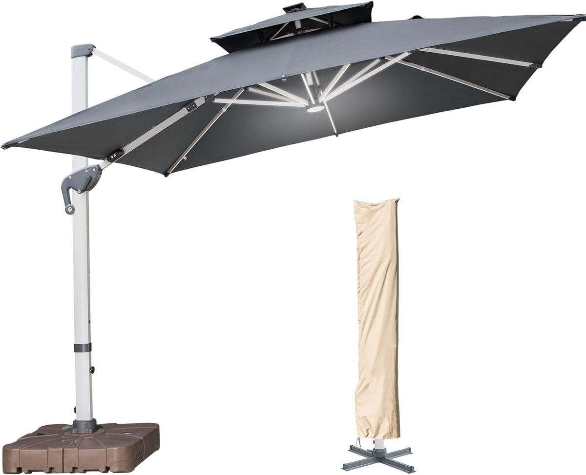 10 FT Square Cantilever Umbrella with Solar LED Lights and Cross Base, Beige S4425