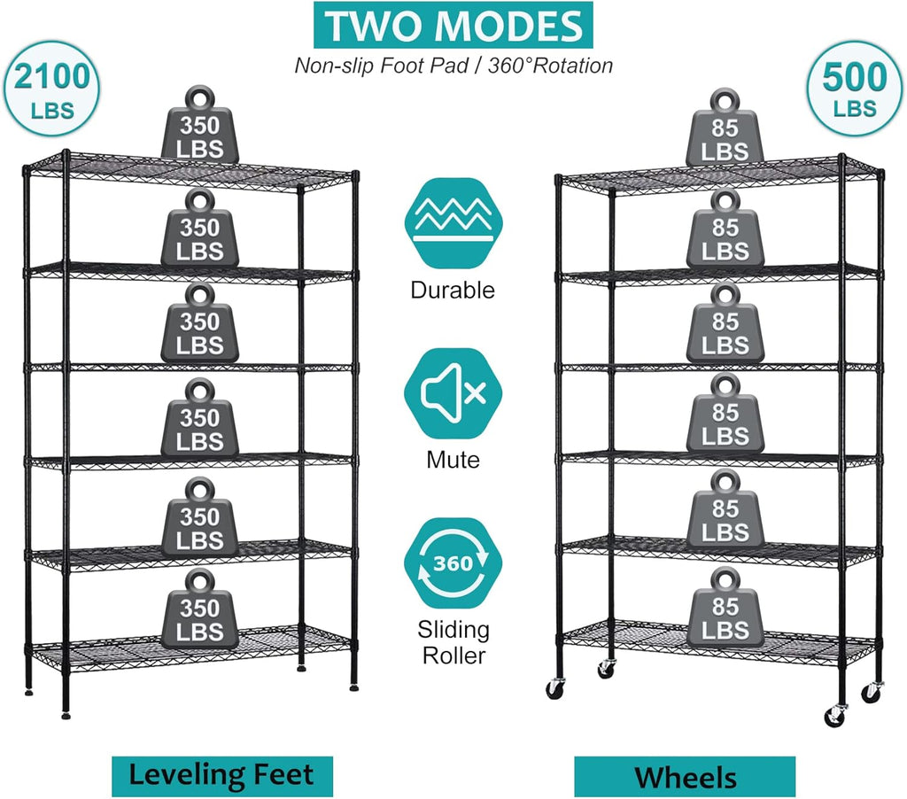 6 Tier Wire Shelving Unit, NSF Heavy Duty Height Adjustable Metal Shelving with Wheels, 18"x48"x82" Black C56091