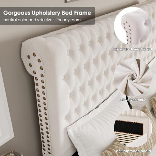 Beige Velvet Upholstered King Size Bed Frame with 4 Under-bed Storage Drawers B155733
