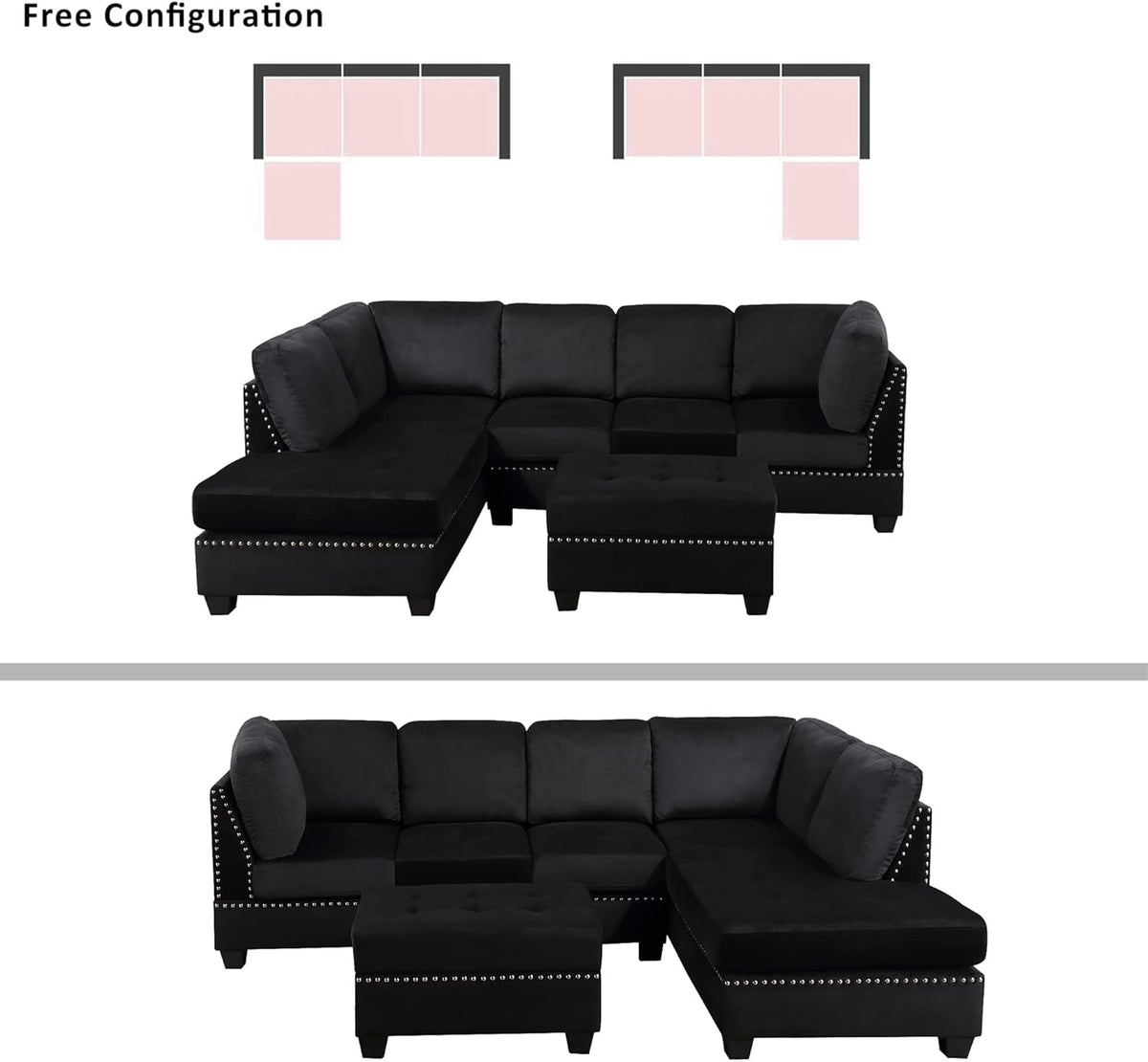 Reversible Sectional Sofa with Storage and Chaise Lounge Couch, Wooden Frame L-Shaped Corner Sofa Set with Ottoman, Black V100