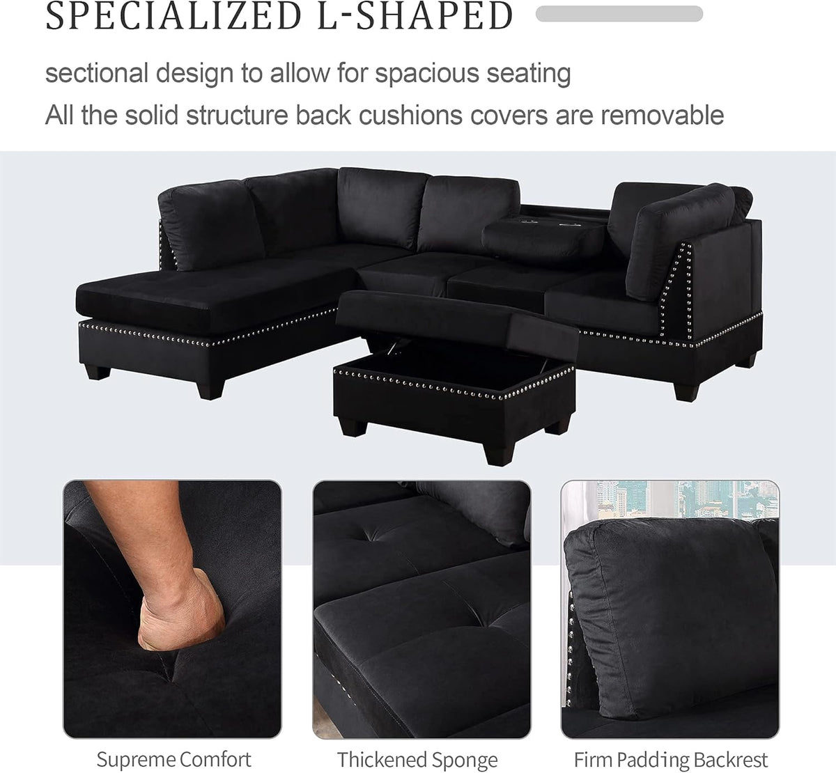 Reversible Sectional Sofa with Storage and Chaise Lounge Couch, Wooden Frame L-Shaped Corner Sofa Set with Ottoman, Black V100