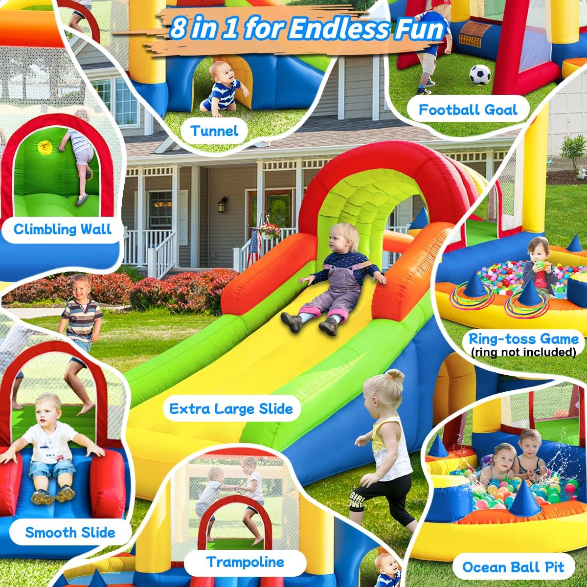 8 in 1 Large Inflatable Bounce Castle with Blower and Two Slides O85238