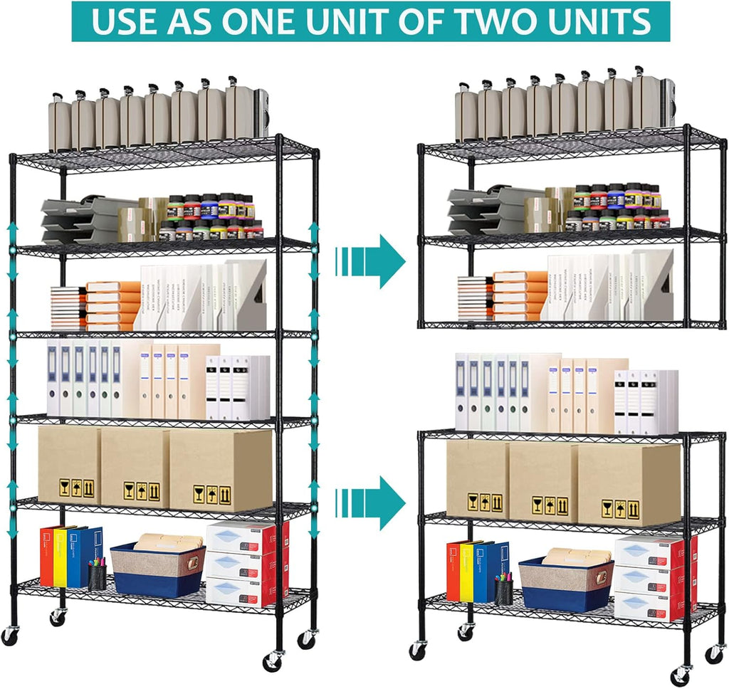 6 Tier Wire Shelving Unit, NSF Heavy Duty Height Adjustable Metal Shelving with Wheels, 18"x48"x82" Black C56091