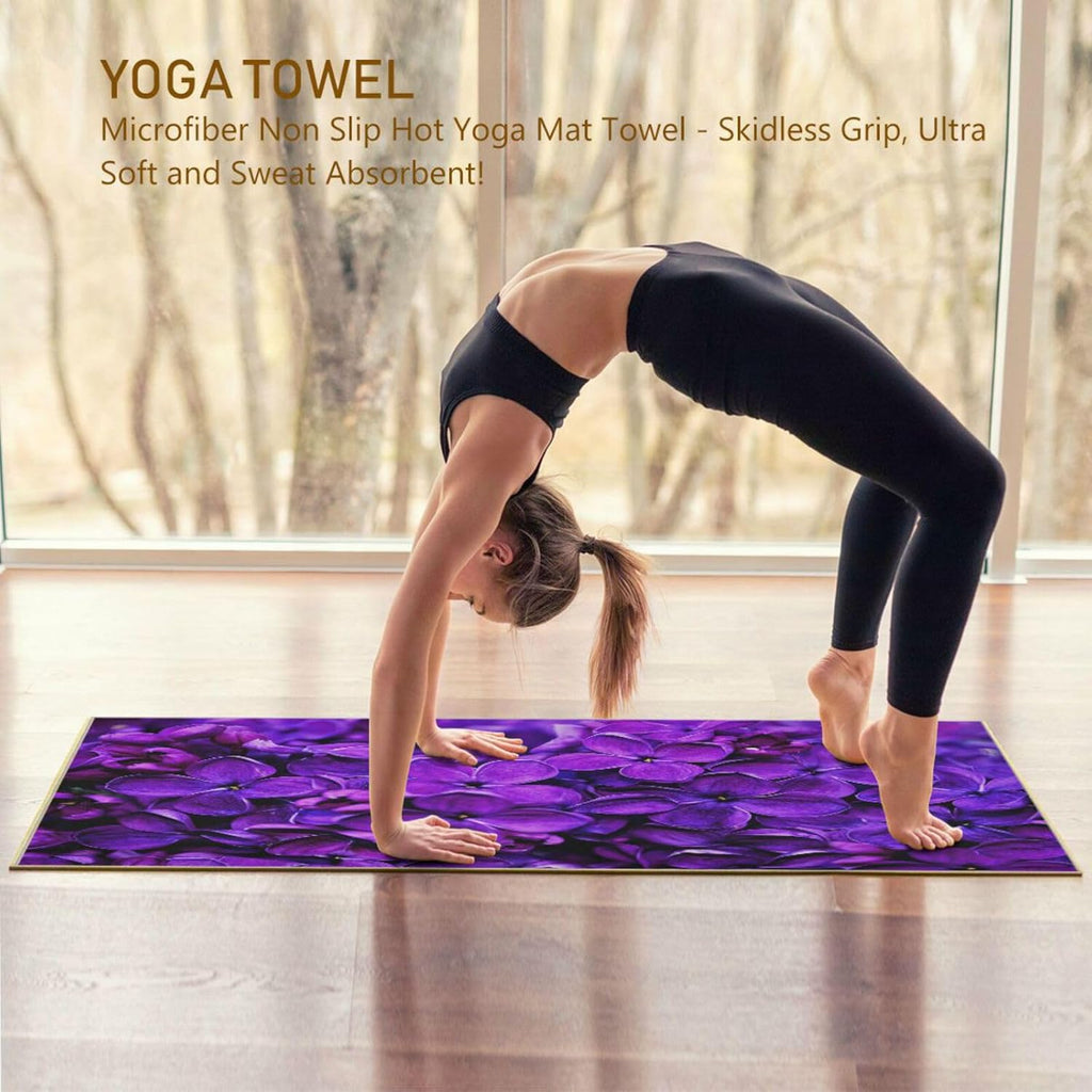 Lilac Purple Floral Non Slip Yoga Towel 73x 27 Inch with Storage Bag B927