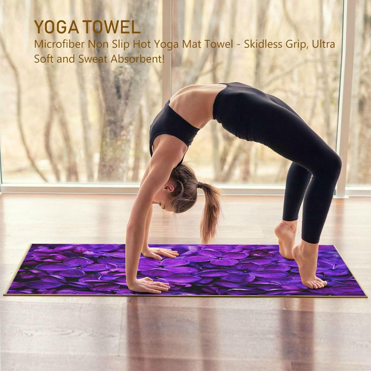 Lilac Purple Floral Non Slip Yoga Towel 73x 27 Inch with Storage Bag B927