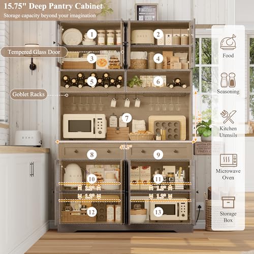 75.4" Tall White Kitchen Pantry Cabinet with Glass Doors and Drawers S9535